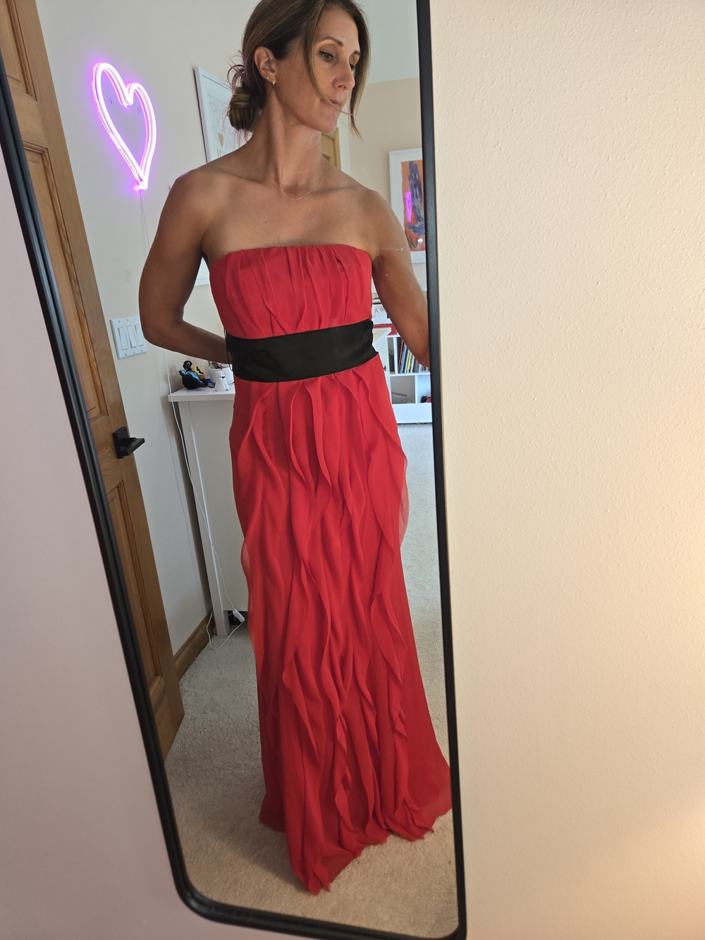 Vera Wang Red Strapless Gown with Black Waistband